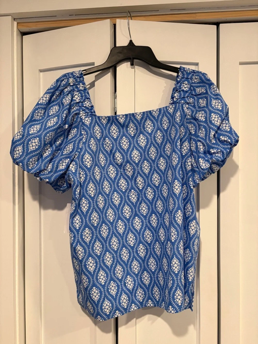 CeCe Blue Geometric Puff-Sleeve Square Neck Blouse - Picture 6 of 8